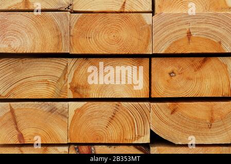 Pinienend-Grain-Hintergrund: Ende der Kornansicht Detail eines Kiefernholzes Haufen Bauholz Stockfoto