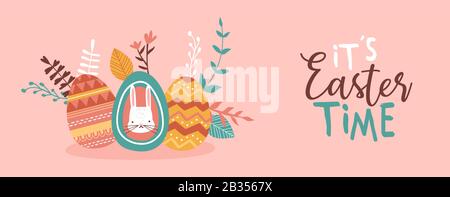 Frohe Ostern Grußkarte mit bemalten Kanincheneiern und Blumenschmuck im handgezeichneten Stil der Kinder. Hintergrund-Illustration für das Frühlingsfest für Trad Stock Vektor