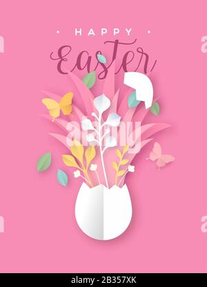 Frohe Ostern Grußkarte mit offener Eizelle mit buntem Papier geschnitten Kunsthandwerk Schmetterling und Naturschmuck. Realistische 3D-Ausschnitt für fe Stock Vektor