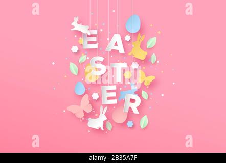 Fröhliches Osterpapier Handarbeit Grußkarte des Typografie-Zitats mit 3D-Paperschnitt Federkaninchen, Eiern, Blume und Schmetterling auf pinkfarbenem Hintergrund. Stock Vektor