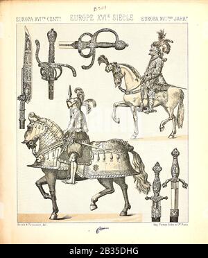 Aus dem 15. Jahrhundert stammende Ritter- und Panzerillustration aus Geschichte des Kostums in chronologischer entwicklung (Geschichte der Tracht in chronologischer Entwicklung) von Racinet, A. (Auguste), 1825-1893. Und Rosenberg, Adolf, 1850-1906, Band 3 gedruckt in Berlin im Jahr 1888 Stockfoto