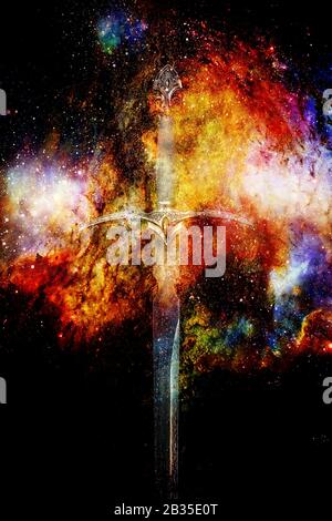 Magyc-Schwert im wunderschönen kosmischen Raum. Stockfoto