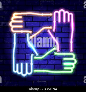 Neon Signboard Teamarbeit oder Hände Freunde Stock Vektor