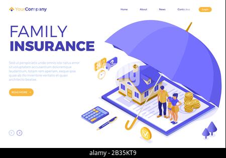 Familie Hausversicherung Isometrisch Stock Vektor