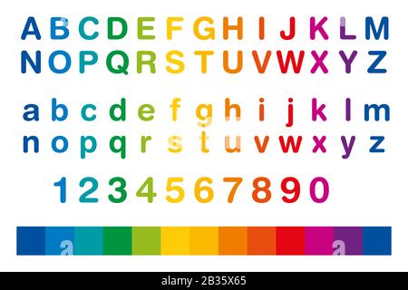 Rainbow-farbiges Alphabet und Zahlen in einer Reihe. Standardsatz von Buchstaben von A bis Z in Groß- und Kleinbuchstaben, auch die zehn Zahlen von eins bis Null. Stockfoto