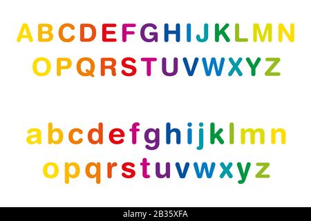 Rainbow-farbiges Alphabet, Groß- und Kleinschreibung, in einer Reihe. Mehrfarbige Standardbriefe von A bis z. Isolierte Darstellung auf weißem Hintergrund Stockfoto