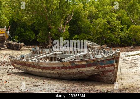 Altes Fischerboot aus Holz an einem Strand bei Mangroven (Kenya Coast) Stockfoto