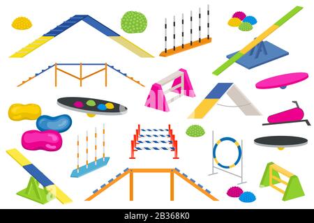 Ausrüstung für Hundespielplätze. Farbenes, flaches Hundedesign. Vektorgrafiken Stock Vektor