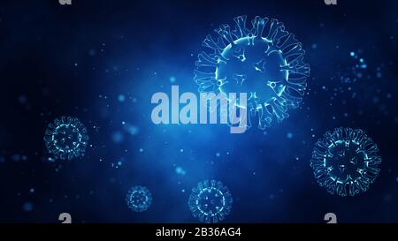 Pathogene Viren auf hellblau glänzendem Hintergrund. Ausbruch der Viruserkrankung. 3D-Rendering. Stockfoto
