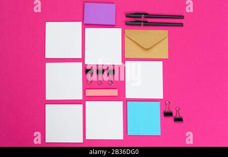 Mock up Konzept. Cards Papers on Pink background. Draufsicht, flaches Layout, Kopierbereich Stockfoto