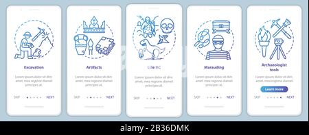 Bildschirmvektorvorlage für die mobile App "Archaeology Onboarding". Ausgraben und Konservieren von Artefakten. Schritte der Website mit linearen Abbildungen durchgehen Stock Vektor