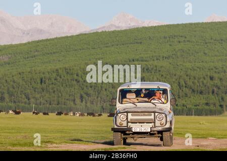 Mongolia, Provinz Khovsgol, Wald- und Berglandschaft in der Nähe von Ulaan Uul, Fahrer in einem russischen Jeep UAZ 469 Stockfoto