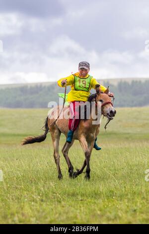 Mongolia, Provinz Khovsgol, Tsagaannuur, Naadam-Festival, Pferderennen, junger Galoppteilnehmer Stockfoto