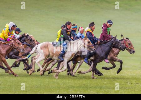 Mongolia, Provinz Khovsgol, Tsagaannuur, Naadam-Festival, Pferderennen, junge Galoppteilnehmer Stockfoto