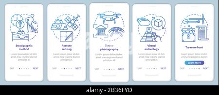 Archäologische Methoden Onboarding Mobile App Seite Vektor Vorlage. Studium von Gelände, Schatzsuche. Schritte auf der Website mit Linear durchgehen Stock Vektor