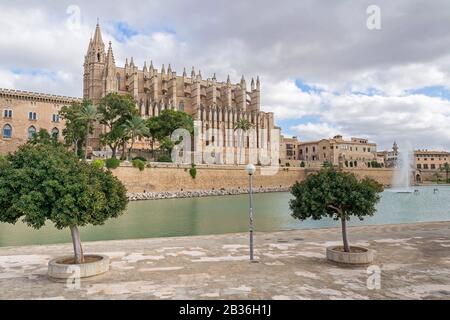 Parque del Mar und Kathedrale von Palma - die im katalanischen Got gestaltete, im Allgemeinen als La Seu bezeichnete, römische katholische Kathedrale Santa Maria von Palma Stockfoto