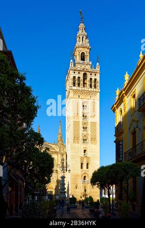 Spanien, Andalusien, Sevilla, La Giralda Tower, ehemaliges Almohad Minarett der Großen Moschee, die in Domsteinpflaster umgewandelt wurde und von der UNESCO zum Weltkulturerbe ernannt wurde Stockfoto