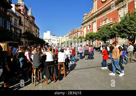 Spanien, Andalusien, Sevilla, Alfalfa-Viertel, Plaza del Salvador (Erlöserplatz), Terrasse einer Tapas-Bar vor der Iglesia del Salvador (Heilig-Erlöser-Kirche) Stockfoto