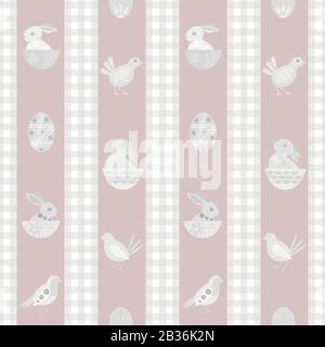 Oster bunny nahtloser Vektor-Muster Hintergrund. Süßes Kaninchen, Küken, Eier Illustration. Vintage-Streifen im skandinavischen Stil und Gingham Hintergrund Stock Vektor