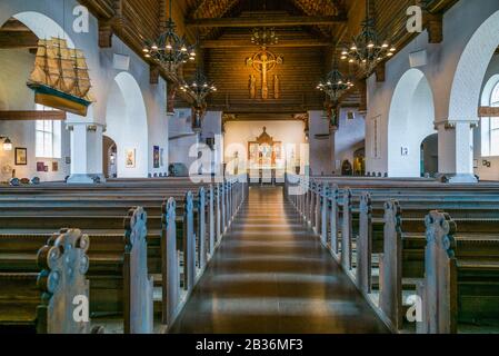 Schweden, Vastragotland und Bohuslan, Gothenburg, Masthuggs Kyrkan Kirche, Interieur mit Modellboot, maritimes Erbe Stockfoto