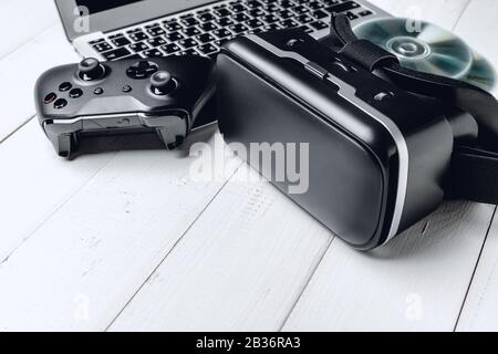 Gamer Workspace Konzept, Draufsicht. Kreatives Foto. Stockfoto