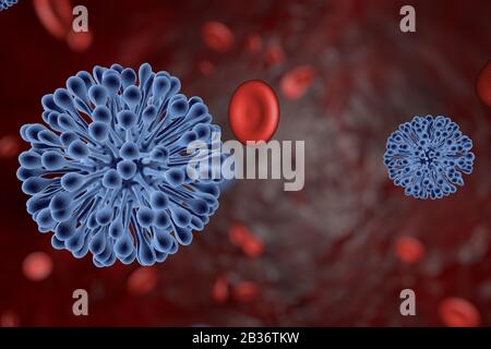 3D-Bild eines Virus vor dem Hintergrund roter Blutkörperchen. 3D-Rendering von Viren und Bakterien in infiziertem Blut Stockfoto