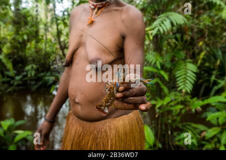 Indonesien, Westpapua, Mabul, Korowai-Expedition, Herstellung von Palmkörben und Flussfischen Stockfoto