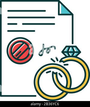 Symbol für RGB-Farbe der Scheidung. Formales Ende der Ehe. Rechtliche Trennung. Gerichtliche Erklärung zur Auflösung der Ehe. Aufbruch. Notariatsdienste. Apostille Stock Vektor