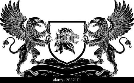 Wappen Crest Lion Griffin oder Griffon Shield Stock Vektor