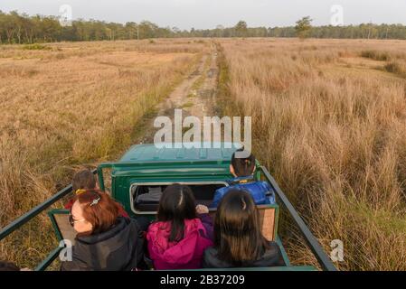 Sauraha, Nepal - 20. Januar 2020: Menschen auf einer Jeep-Safari im Chitwan-Nationalpark in Nepal Stockfoto