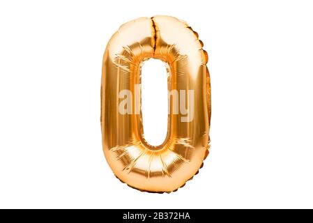 0 Null, aus goldenem aufblasbarem Heliumballon. Gold Foil Ballon Schrift Teil des vollen Zahlensatzes, isoliert auf weiß. Geburtstagsfeier Stockfoto