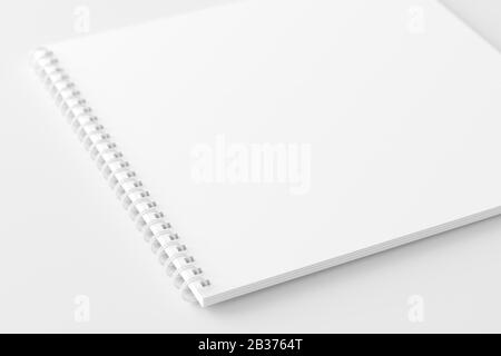 Notizbuch mit eckigem Spiralmuster, weiß, Unbeschriftet, 3D-Rendering-Mockup Stockfoto