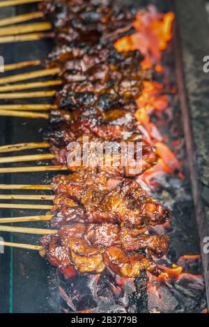 Lammshashliks, die über Grillgrill Ubud Bali Indonesia kochen Stockfoto