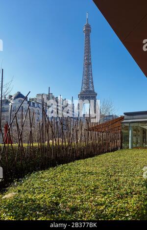 Frankreich, paris, das Museum von Quai Branly, der Eiffelturm und die Fassaden von Wohnhäusern Stockfoto