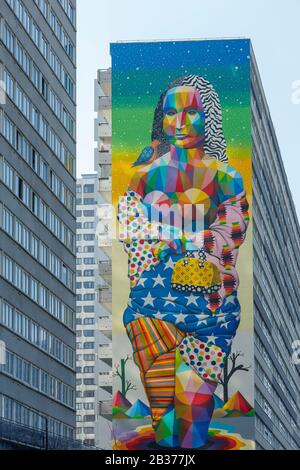 Frankreich, Paris, Wandgemälde an der Fassade eines Apartmentgebäudes namens Mona Lisa vom Straßenkünstler Okuda San Miguel in der Avenue d'Ivry Stockfoto