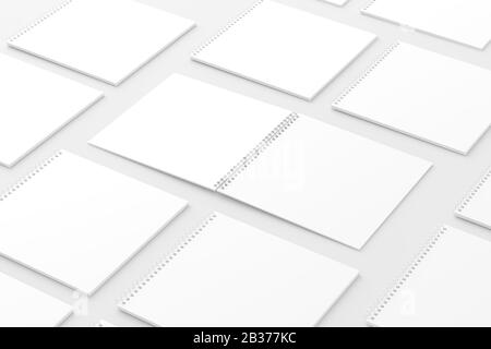 Notizbuch mit eckigem Spiralmuster, weiß, Unbeschriftet, 3D-Rendering-Mockup Stockfoto