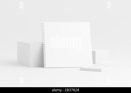 Notizbuch mit eckigem Spiralmuster, weiß, Unbeschriftet, 3D-Rendering-Mockup Stockfoto