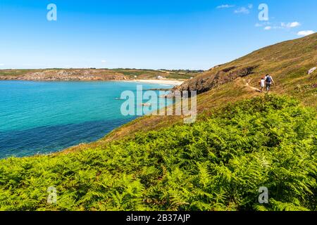 Frankreich, Finistère (29), Cornouaille, Plogoff, Pointe du Raz, La Baie des Trépassés vom Küstenweg, der zur Pointe du Raz führt Stockfoto