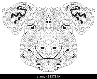 Zentangle Schweinekopf. Handgezeichnete dekorative Vektorgrafiken zur Farbgebung Stock Vektor