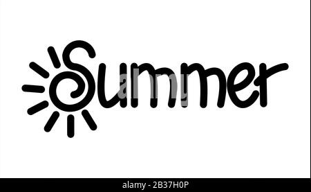 Sommer. Handschriftliche Word-Schrift. Der Buchstabe S in Form der Sonne mit Strahlen. Stilisierte Sonne. Vektorbild Isoliert auf weißem Hintergrund. Stock Vektor