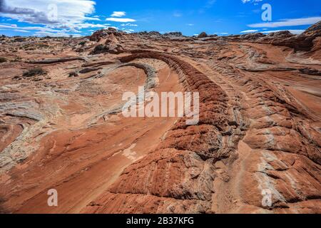 Wandern in Vermillion Cliffs National Moument's White Pocket - das beste Beispiel für weiche Deformationen von Ablagerungen, die ich je gesehen habe. Stockfoto