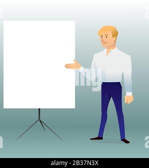 Business Teacher, Mann, der einen Vortrag oder eine Präsentation hält, Vorderansicht des Whiteboards, für Ihr Design, moderner Flachstil, Cartoon-Charakter, Vector illust Stock Vektor