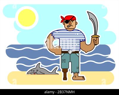 Einäugiger Pirat Mit SÄBEL, In EINER Bandana, Mit EINEM Prothetischen Bein aus Holz, Cartoon-Charakter. Wütende Piraten Am Meer, in der Nähe EINES toten Haifisches. Zum Drucken Stock Vektor