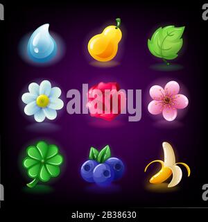 Bunte Obst- und Blumen-Slots-Symbol für Casino-Spielautomaten, Glücksspiele, Symbole für mobile Arkade und Puzzle-Spiele Vektor Stock Vektor