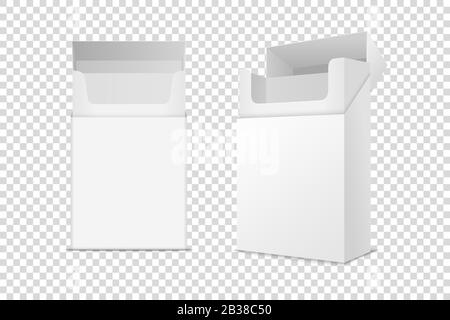 Vector Realist Geschlossen und Geöffnet Leere Leere Pack-Box Leer Auf Transparentem Hintergrund isoliert gesetzt. Designvorlage. Rauchproblemkonzept, Tabak Stock Vektor