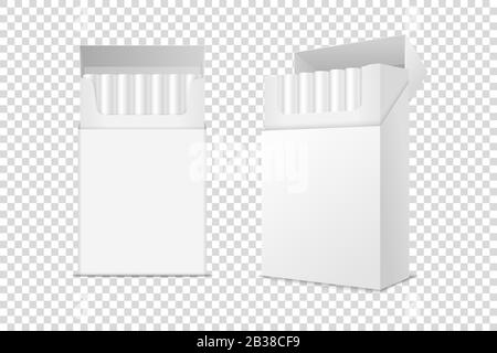 Vector Realistic Geschlossen und Geöffnet Clear Blank Pack mit Auf Transparentem Hintergrund Isoliertem Cigarettes Box Set. Designvorlage. Rauchproblemkonzept Stock Vektor