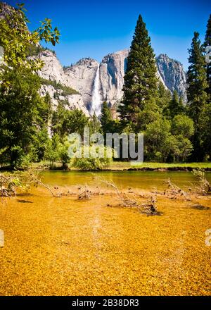 Wasserfall, vom Merced River aus gesehen, Cookwiese, South Side Dr. Yosemite National Park, in der westlichen Sierra Nevada, Zentralkalifornien, amerikanisch Stockfoto