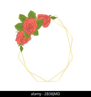 Ovaler polygonaler goldener Rahmen mit handgezogenen rosafarbenen Rosen-Blumen-Blumensträußen. Vorlage für Grußkarten. Stock Vektor