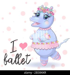 Handgezeichnetes Cartoon-Hippo tanzendes Ballett in einem Tutu. Tanzende Tiere.Kinderillustration Stock Vektor