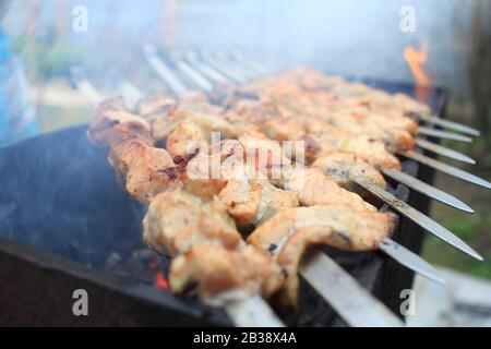 Köstliches gegrilltes Fleisch auf dem Grill. Grillwochenende. Stockfoto